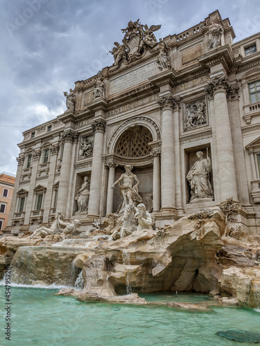 Trevi Fountain in Rome in stormy weather.