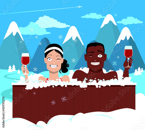 Young couple drinking wine in a hot tub outside in winter with mountains on the background, EPS 8 vector illustration