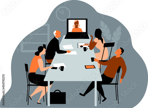 Hybrid workplace company holding a meeting where some employees participating via online video conference, EPS 8 vector illustration photo