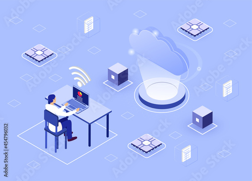 Male character is sitting and saving documents in digital storage on laptop. Concept of cloud backup service in modern enviroment. Data transfering application. Isometric cartoon vector illustration