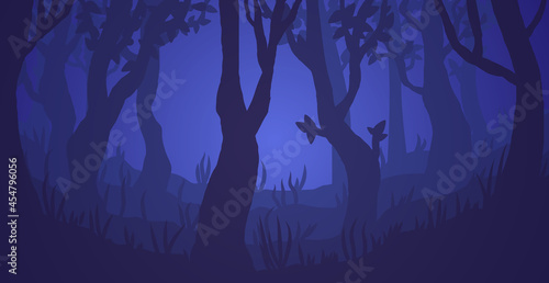 Dark foggy forest vector illustration. Spooky trees at night. Scary woody landscape.