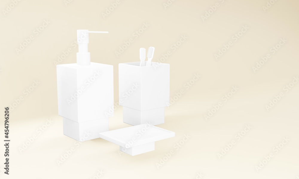 3D rendering. Packaging for liquid soap, white toothbrush container. Isolated on a beige background. Place for your text. Copy space. Mockup. Product presentation. 3D render. 3D rendering. Packaging for liquid soap, white toothbrush container. Isolated on a beige background. Place for your text. Copy space. Mockup. Product presentation. 3D render.