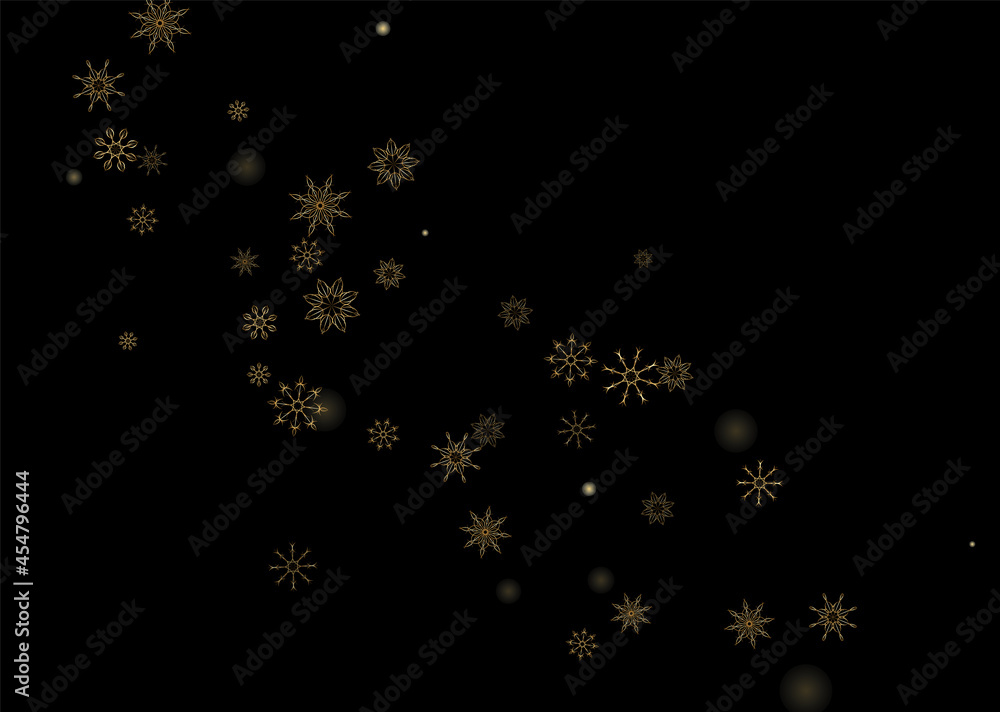 Golden delicate openwork snowflakes scatter on a black background. Festive background, postcard design, wallpaper Golden delicate openwork snowflakes scatter on a black background. Festive background, postcard design, wallpaper
