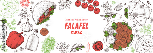 Falafel cooking and ingredients for falafel, sketch illustration. Middle eastern cuisine frame. Street food, design elements. Hand drawn, menu and package design. Vegan food