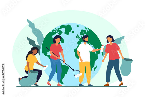 Male and female characters are taking care of the planet ecology together on white bckground. Protect nature and ecology. Earth day. Globe with volunteer people. Flat cartoon vector illustration