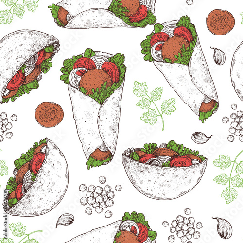Falafel, pita, shawarma seamless pattern. Sketch and color illustration. Middle eastern cuisine background. Street food. Hand drawn, menu and package design. Vegan food