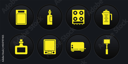 Set Sauce bottle, Teapot, Electronic scales, Toaster, Gas stove, Bottle of olive oil, Kitchen hammer and Cutting board icon. Vector