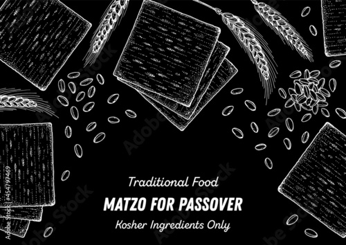 Matzo cooking and ingredients for matzo, sketch illustration. Middle eastern cuisine frame. Traditional passover food, design elements. Hand drawn, menu and package design. Jewish food.