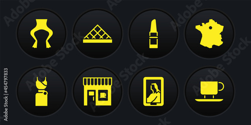 Set Woman dress, Map of France, Coffee shop, Portrait in museum, Lipstick, Louvre, cup and Frog legs icon. Vector