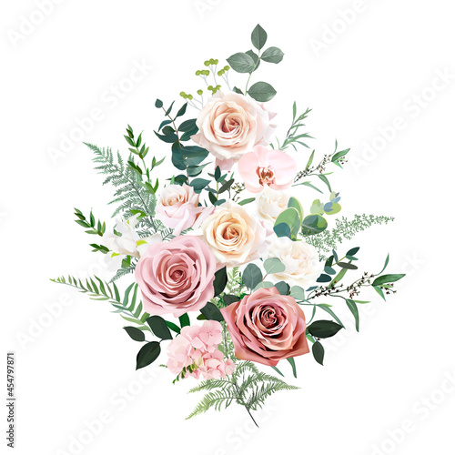 Dusty pink and cream rose, hydrangea flower, orchid, ranunculus vector design