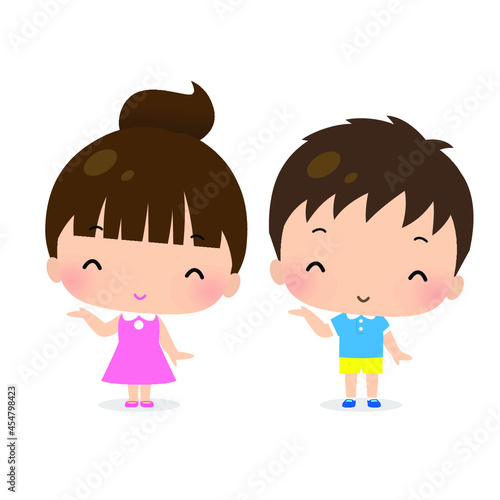 Illustration of a girl and a boy holding their hands with a smile