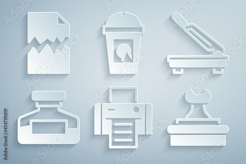 Set Printer, Paper cutter, Ink bottle, Stamp, Coffee cup to go and Torn document icon. Vector