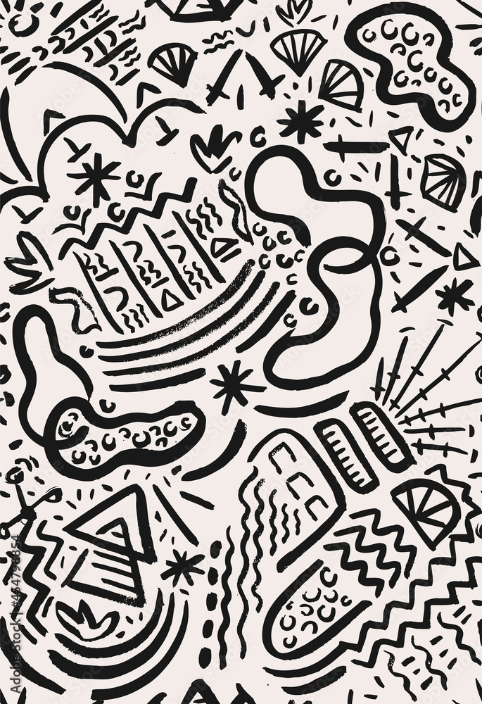 Ethnic Hand Drawn Vector Seamless Pattern. Doodles  Drawn with a Brush. Black and White Design for Fabric, Wrapping Paper, Gift Cards etc.