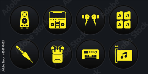 Set Audio jack, Music file document, Air headphones in box, synthesizer, Home stereo with speakers, festival flag and Stereo icon. Vector