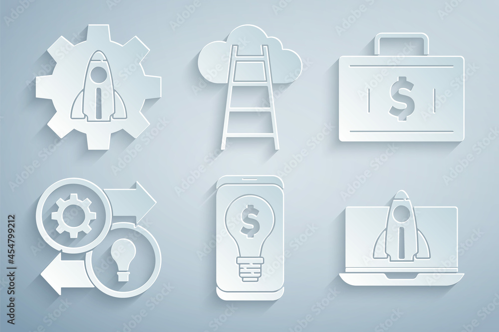 Set Light bulb with dollar on mobile, Briefcase and money, Human resources, Startup project concept, Stair finish flag and icon. Vector Set Light bulb with dollar on mobile, Briefcase and money, Human resources, Startup project concept, Stair finish flag and icon. Vector