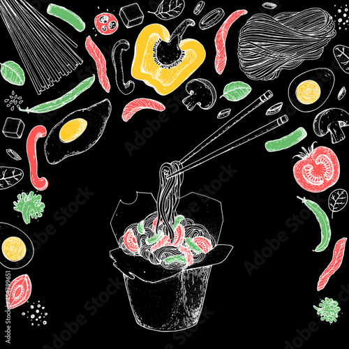 Hand drawn vector illustration - Wok box sketch, ingredients for wok . Noodles in a carton box. Asian food.