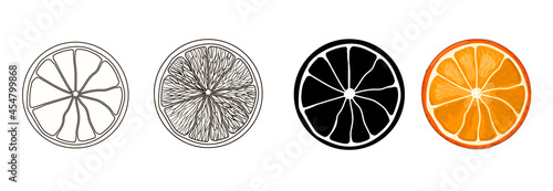 Set of four round orange slices- outline style, doodle, cartoon and black silhouette of an orange. Stock vector illustration isolated on a white background.
