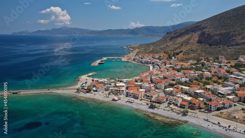 Aerial drone photo of new city of Monemvasia in the heart of Lakonia with beautiful clouds and deep blue sky, Peloponnese, Greece © aerial-drone