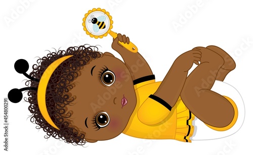 Cute Little African American Baby Girl Wearing Bee Antenna Headband. Vector Black Baby Girl with Rattle