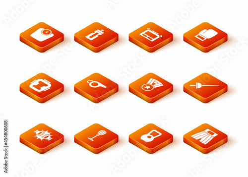 Set Punch in boxing gloves, Punching bag, Boxing helmet, Whistle, Kettlebell, Medal, short and Fencing icon. Vector