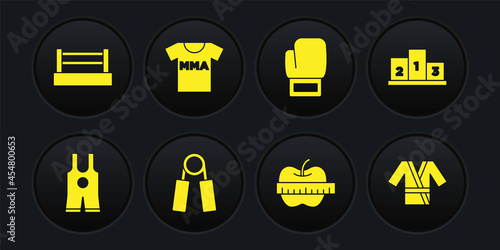 Set Wrestling singlet, Award over sports winner podium, Sport expander, Apple measuring tape, Boxing glove, T-shirt with fight club MMA, Japanese costume Kimono and icon. Vector