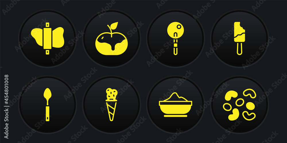 Set Spoon, Ice cream, in waffle cone, Flour bowl, Lollipop, Apple caramel, Jelly candy and Rolling pin dough icon. Vector Set Spoon, Ice cream, in waffle cone, Flour bowl, Lollipop, Apple caramel, Jelly candy and Rolling pin dough icon. Vector
