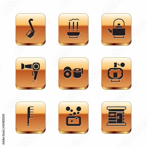 Set Sauna ladle, Hairbrush, Bar of soap, Toilet paper roll, dryer, Kettle with handle, wooden bathhouse and Incense sticks icon. Vector