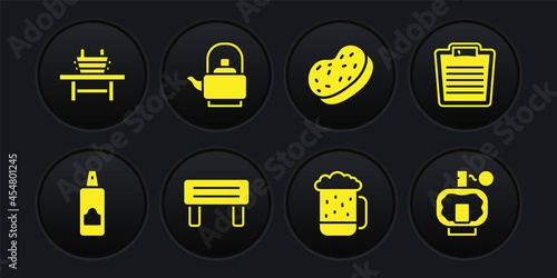 Set Spray can for hairspray, Bathroom scales, Sauna wood bench, Wooden beer mug, sponge, Kettle with handle, Aftershave and bucket icon. Vector