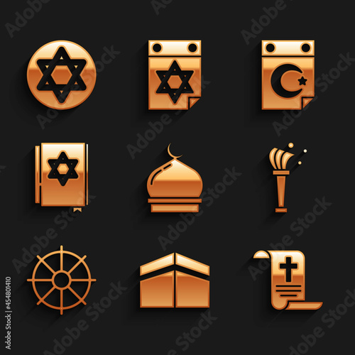 Set Muslim Mosque, Kaaba mosque, Decree, paper, parchment, scroll, Aspergillum, Dharma wheel, Jewish torah book, Star and crescent and of David icon. Vector