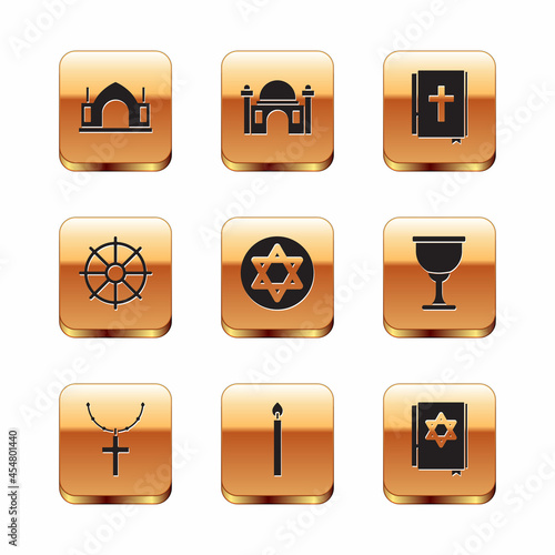 Set Hindu spiritual temple, Christian cross on chain, Burning candle, Star of David, Dharma wheel, Holy bible book, Jewish torah and Muslim Mosque icon. Vector