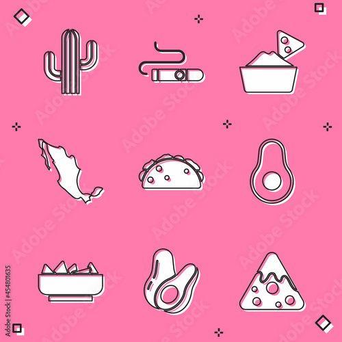 Set Cactus, Cigar, Nachos in bowl, Map of mexican, Taco with tortilla, Avocado fruit, and icon. Vector
