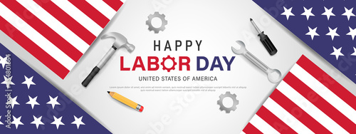 Happy labor day usa banner template design with usa flag and work equipment.