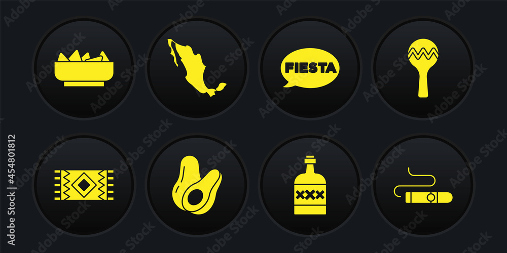 Set Mexican carpet, Maracas, Avocado fruit, Tequila bottle, Fiesta, Map of mexican, Cigar and Nachos in bowl icon. Vector Set Mexican carpet, Maracas, Avocado fruit, Tequila bottle, Fiesta, Map of mexican, Cigar and Nachos in bowl icon. Vector