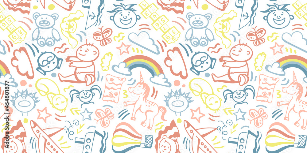 A seamless pattern with children's doodles drawn by hand in delicate pastel colors. Children, Toddlers, Newborns, Rainbow, Balloon, Unicorn, Plane, Ship, Star, Clouds