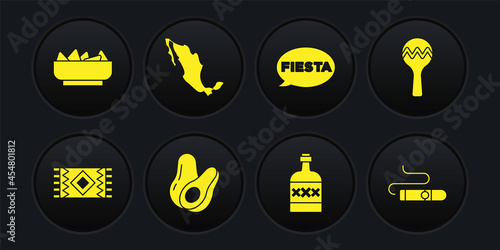 Set Mexican carpet, Maracas, Avocado fruit, Tequila bottle, Fiesta, Map of mexican, Cigar and Nachos in bowl icon. Vector