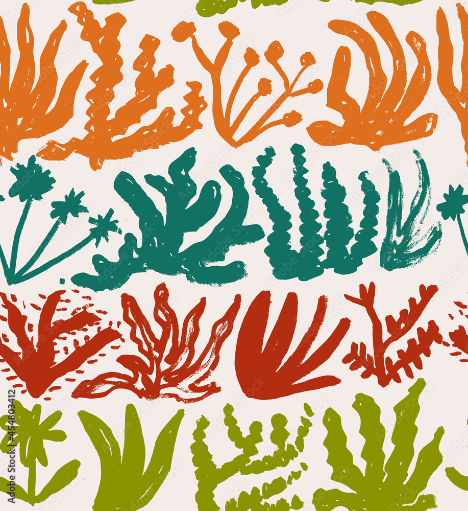 Fototapeta premium Desert Plants Hand Drawn Vector Seamless Pattern. Succulents Drawn with a Brush. Organic Nature Colorful Design for Fabric, Wrapping Paper, Gift Cards etc.