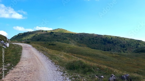 Trail in the mountains, gravel road on mountain Jahorina, nature scenery on mountain, Bosnia and Herzegovina