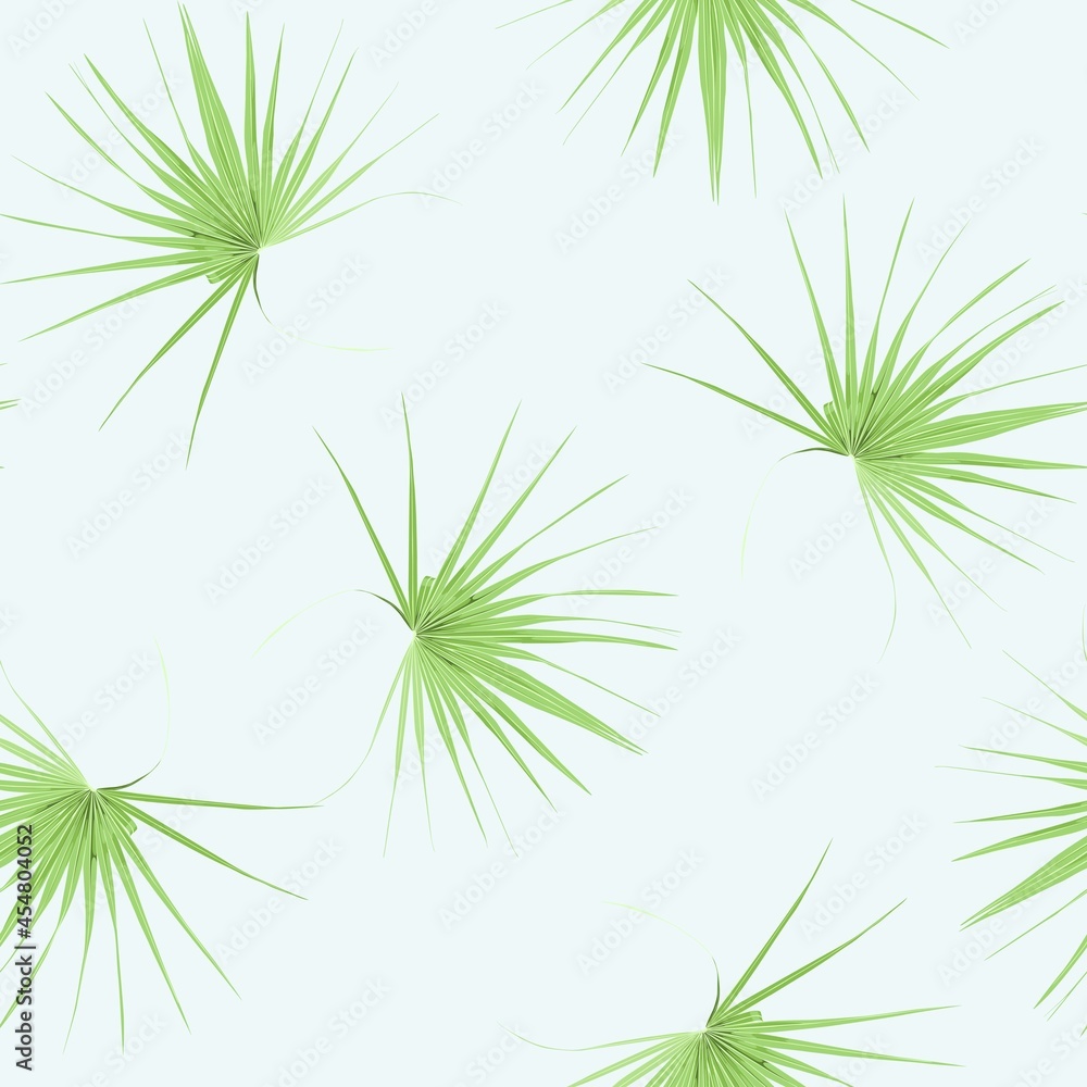 Tropical seamless pattern with exotic fan palm leaves. Blue background.