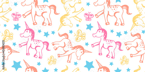 Seamless pattern with children s doodles of unicorns and stars  delicate pastel colors