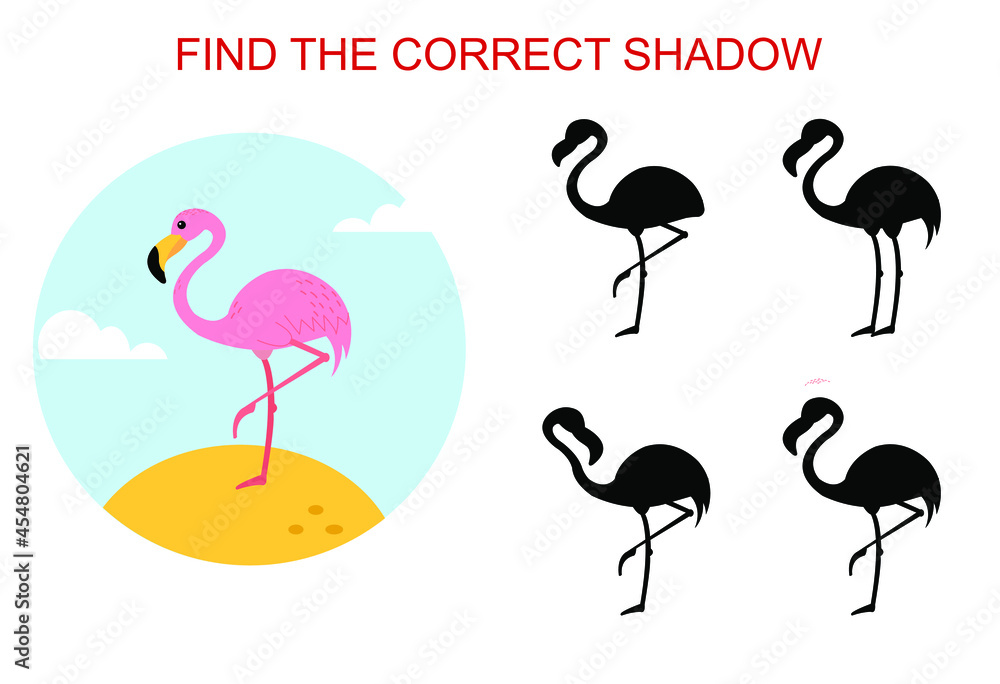 Obraz premium Find the correct shadow. Cartoon style pink flamingo bird. Educational game for children.