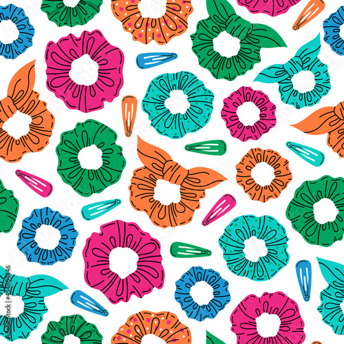 Hair scrunchies seamless pattern. Girls hair accessory doodle backdrop, hairpins and fabric elastic scrunchies cartoon vector pattern