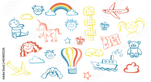A set of children's doodles, hand-drawn in soft pastel colors. Elements for the design. Children, Toddlers, Newborns, Rainbow, Balloon, Unicorn, Plane, Ship, Star, Clouds