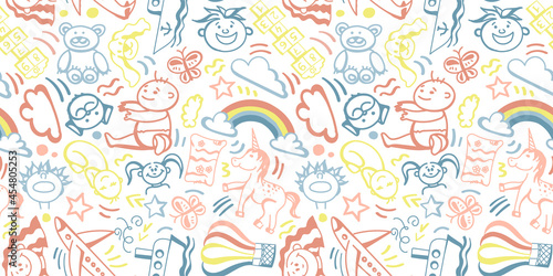 A seamless pattern with children's doodles drawn by hand in delicate pastel colors. Children, Toddlers, Newborns, Rainbow, Balloon, Unicorn, Plane, Ship, Star, Clouds