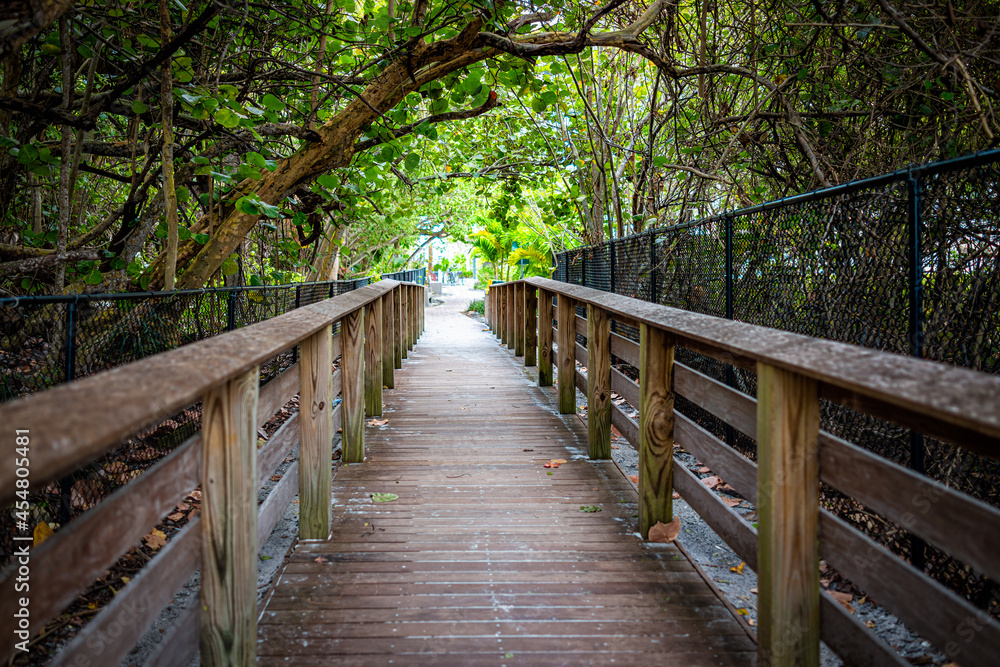 Sidewalk wooden access boardwalk leading to Vanderbilt beach in Naples, Florida with jungle palm tree canopy with fence in summer outdoors