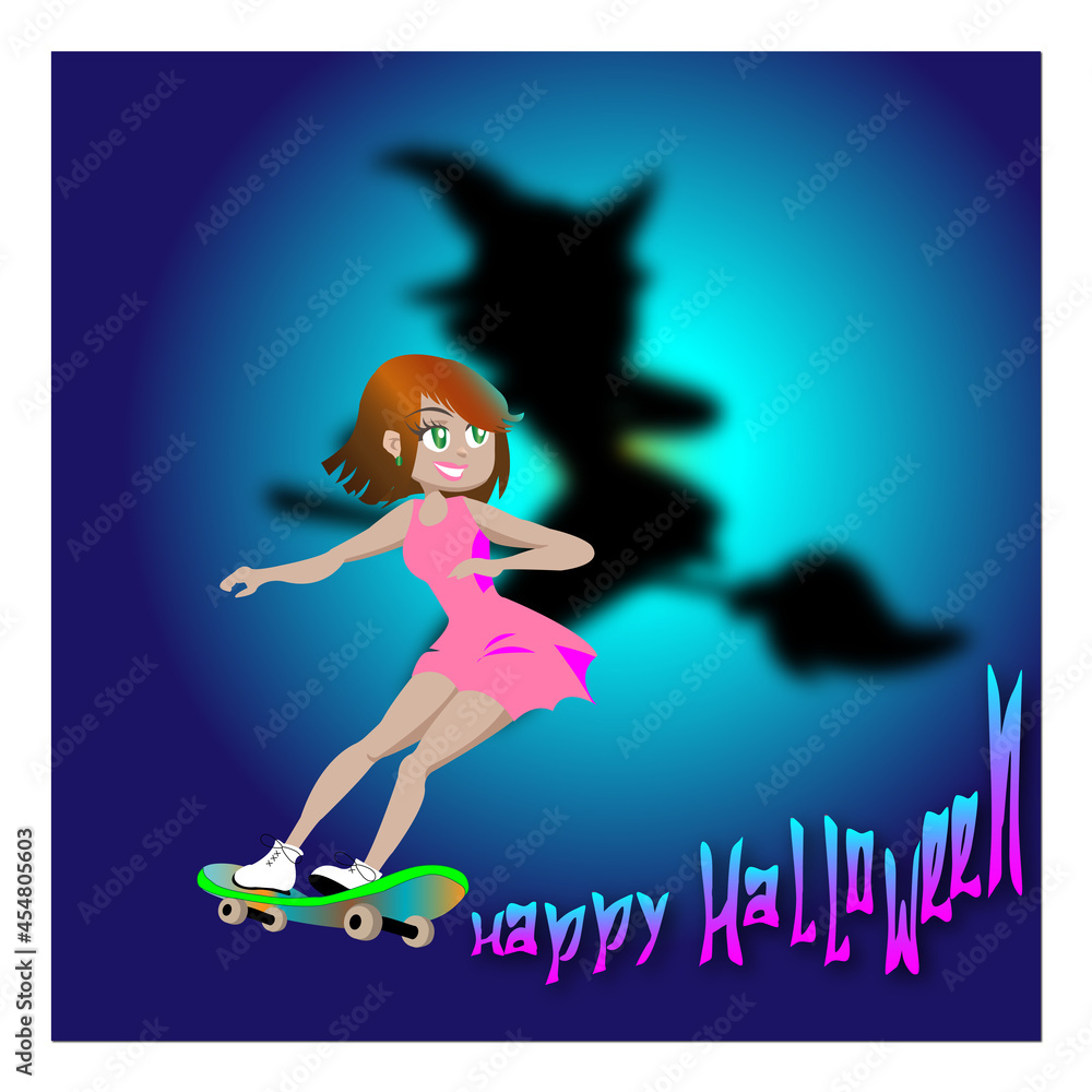 Happy Halloween Cheerful little witch in a pink dress