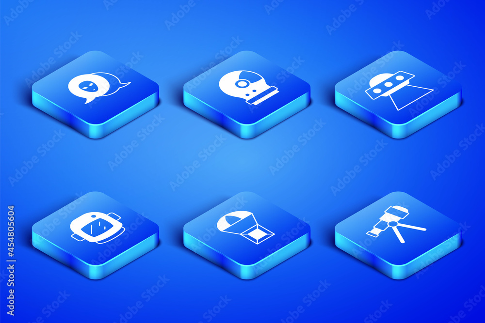 Set Telescope, Alien, Box flying on parachute, Astronaut helmet, and UFO spaceship icon. Vector Set Telescope, Alien, Box flying on parachute, Astronaut helmet, and UFO spaceship icon. Vector