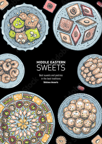 Oriental sweets vector illustration, top view. Middle eastern food, hand drawn. Colorful design template. Food menu background. EPS10