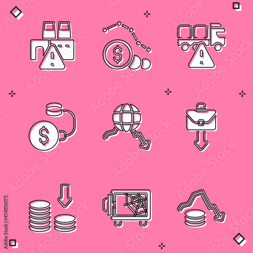 Set Shutdown of factory, Dollar rate decrease, Stop delivery cargo truck, Debt ball chained coin, Global economic crisis, Briefcase, and Safe icon. Vector