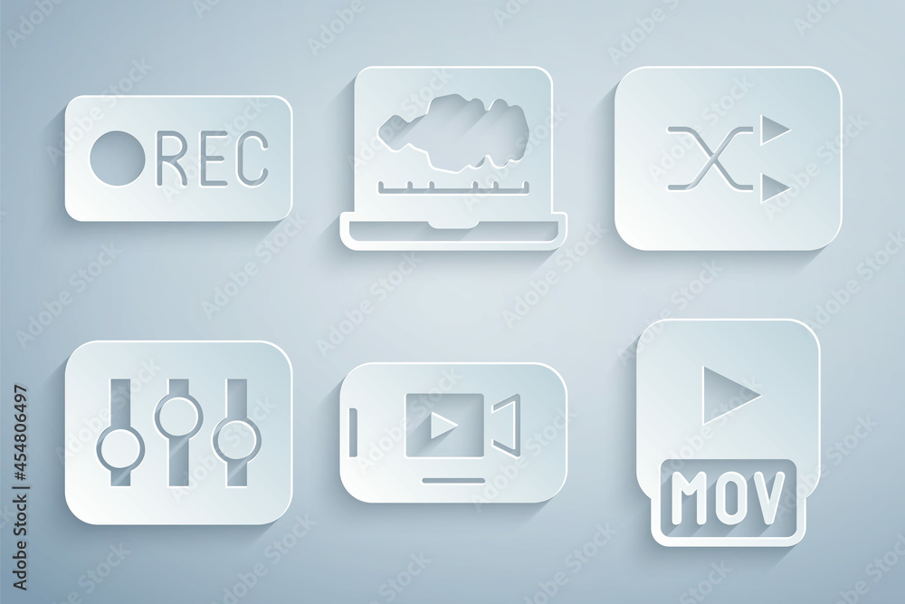 Set Online play video, Arrow shuffle, Sound mixer controller, MOV file, or audio recorder and Record button icon. Vector Set Online play video, Arrow shuffle, Sound mixer controller, MOV file, or audio recorder and Record button icon. Vector