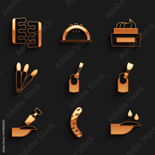 Set Nail manicure, file, Milling cutter for, False nails, Bottle of polish and Toe separator pedicure icon. Vector